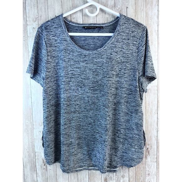 Athleta Breezy Tee Womens L Navy Heather Striped Split Sides Mesh Back Crew Neck - Picture 1 of 8